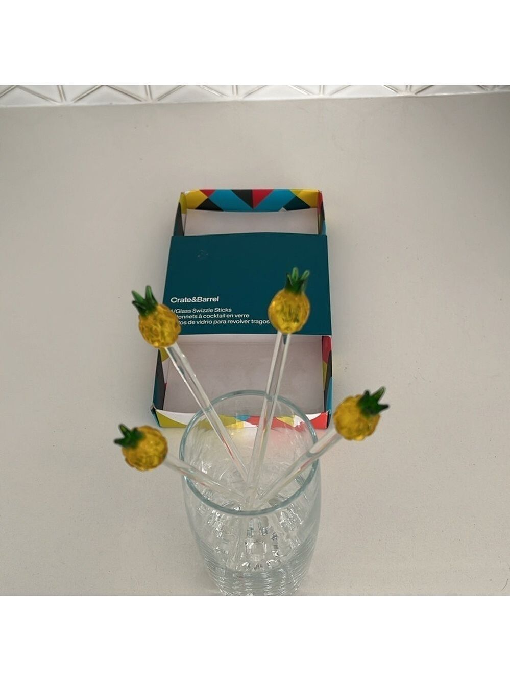 CRATE & BARREL Set of 4 Glass Pineapple Swizzle Sticks Cocktails Barware Tiki - Picture 3 of 12
